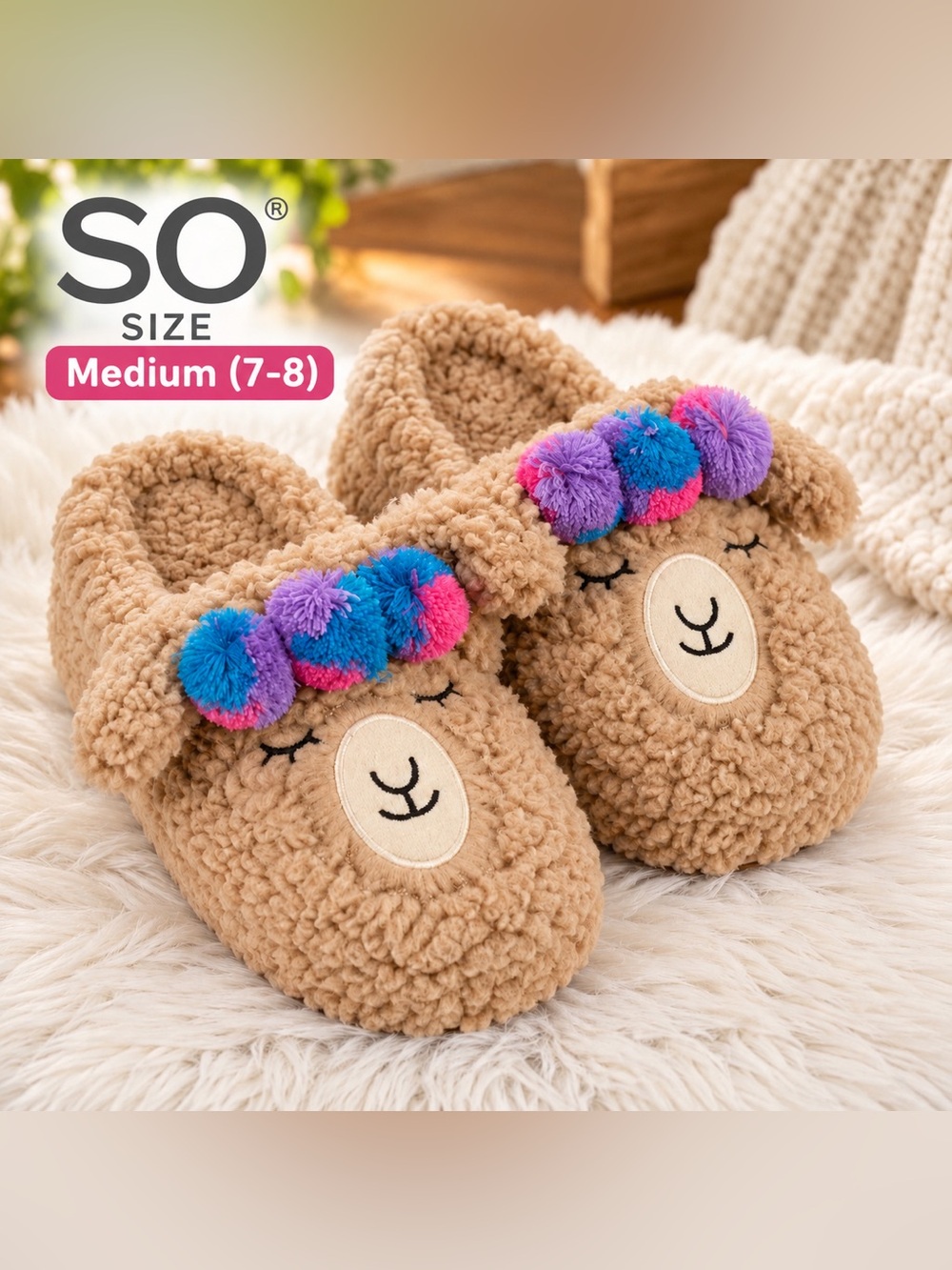 SO Llama Platform Clog Slippers Medium 7-8 Sherpa Faux Fur Pom Pom Tan